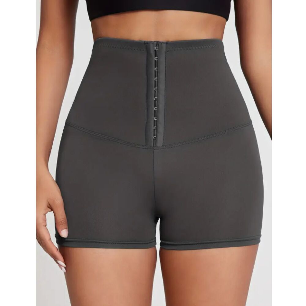 Women's High-Waist Black Shorts Front Buckle, Stretchy Shaper Sauna Shorts - L